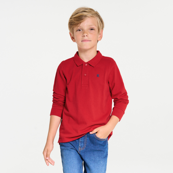 قميص بولو بأكمام طويلة من قماش الجيرسيه المضلع، أحمر اللون، للأولاد